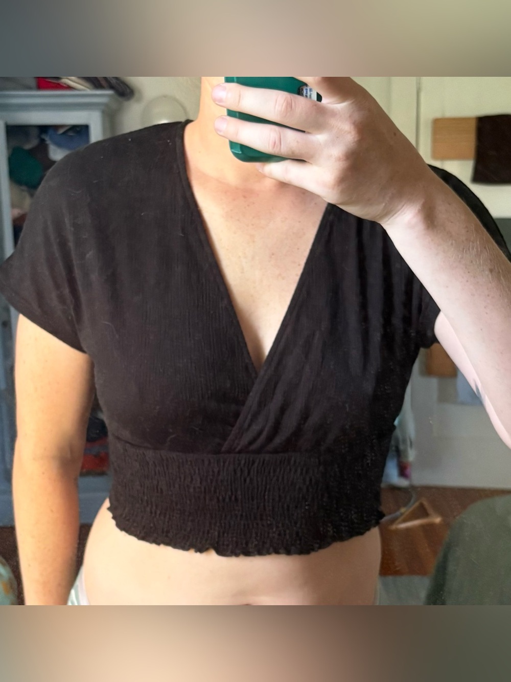 Bershka Black V-Neck Smocked Wrap Crop Top